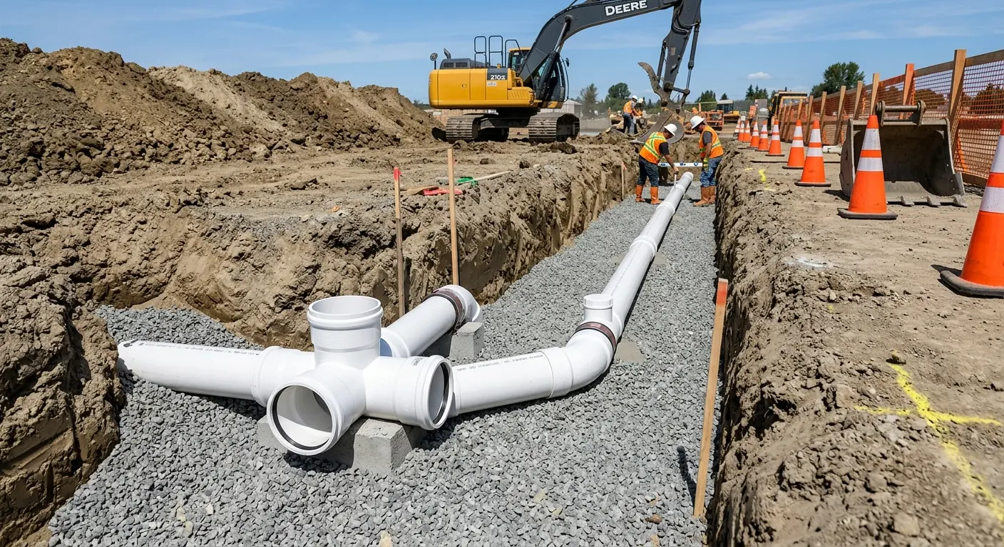 New PVC sewer pipe installation in open trench for Commercial Drain Cleaning in Odenton