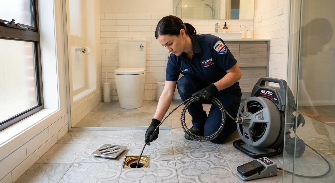 Technician clearing a bathroom floor drain for Hydro Jetting in Odenton